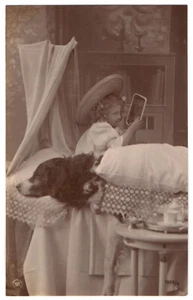Real photo postcard edwardian girl in bed with dog ca 1908 German sepia RPPC (5) - Picture 1 of 2