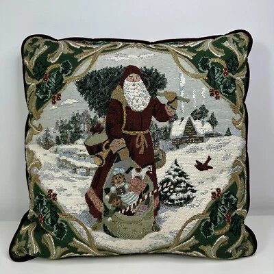 Tapestry Christmas Santa Throw Pillow Vevet Maroon Back - Image 1 of 4