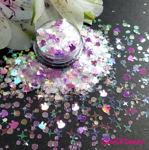 Brillo para arte en uñas *Hops-A-Lot* estrellas rosa conejito conejo mezcla de puntos iridiscentes maceta de 5 ml - Imagen 1 de 2
