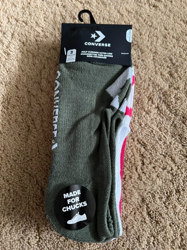 3-Pair Converse Womens Half Cushion Ultra Low Socks Green/White/Pink SZ 4-10