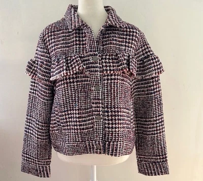 Chaqueta con volantes de tweed azul marfil y rojo BB Dakota para mujer - talla mediana Foto 1 de 4