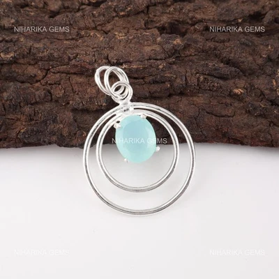 Argento Sterling Ovale Naturale Acqua Calcedonio Cyber Monday Regalo Pendente - Immagine 1 di 4