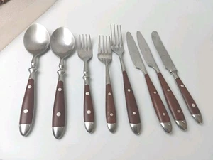 8 Vintage Spoons & Forks Teak BROWN Stainless China Glossy Two Rivets Unbranded - Picture 1 of 8