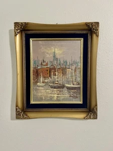 Andrés Orpinas pintura al óleo estilo impresionista barcos enmarcados en puerto 12”x14” - Imagen 1 de 7