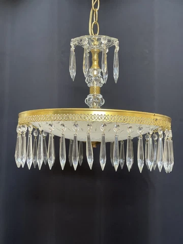 Vintage 1950’s Glass Brass Crystal Bowl Ceiling Light Chandelier Cover