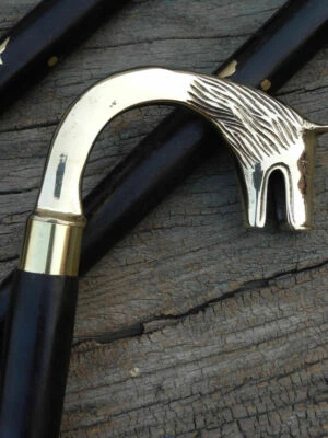 Punho de cabeça de raposa dourada designer latão vintage bengala de madeira preta - Imagem 1 de 4