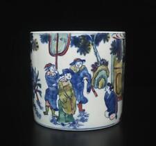 Kangxi Signed Old Antique Chinese Blue & White Porcelain Brush Pot w/figures