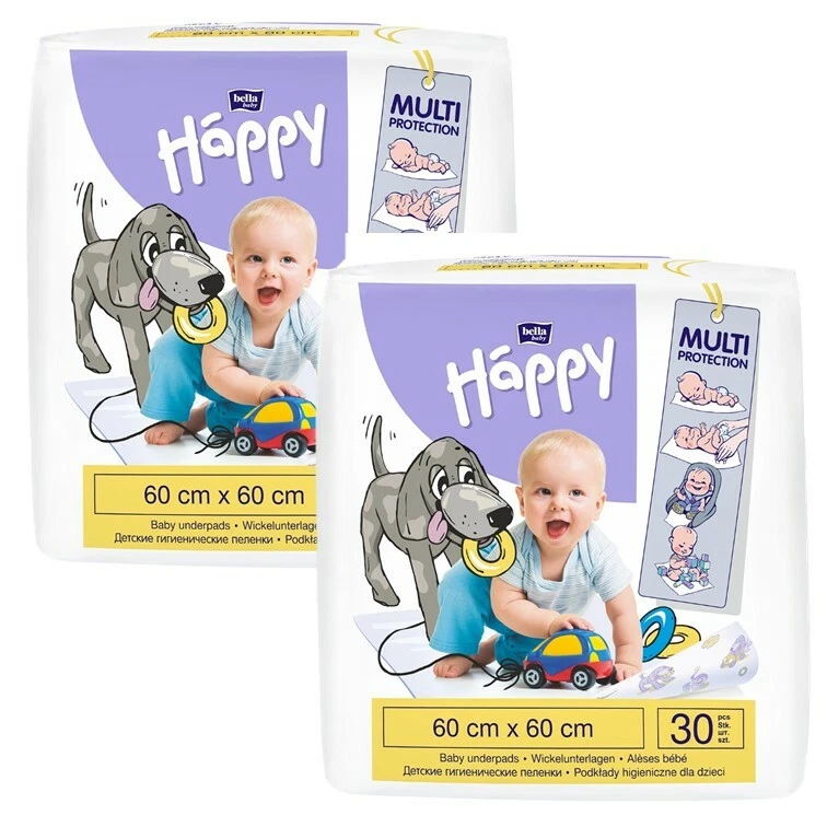 Wickelunterlagen bella baby Happy 60x60 cm 60 Stück, 2er Pack (2 x 30 Stück)
