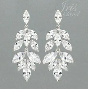White Gold Plated Cubic Zirconia CZ Wedding Bridal Drop Dangle Earrings 365 Leaf - Picture 1 of 4