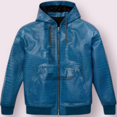 Sudadera con capucha de cuero azul para hombre sudadera con capucha de cuero genuino de piel de cordero estilo clásico Foto 1 de 2