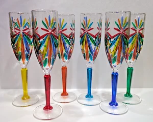 CC ZECCHIN MURANO Flute Glass, Multi color 9” Tall, Set of 6 - Picture 1 of 6