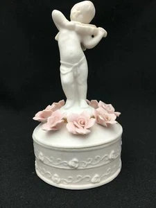 Vintage Small Bisque Jewelry Box w CUPID Statue Lid Pink Capodimonte Type Roses - Picture 1 of 12