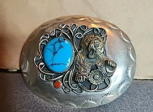 Fibbia cintura indiana americana pietre corallo turchese orso attaccante Navajo vintage - Foto 1 di 6