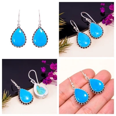 Natural Magnesite Blue Turquoise Earrings 925 Sterling Silver Beachware Jewelry - Image 1 of 4
