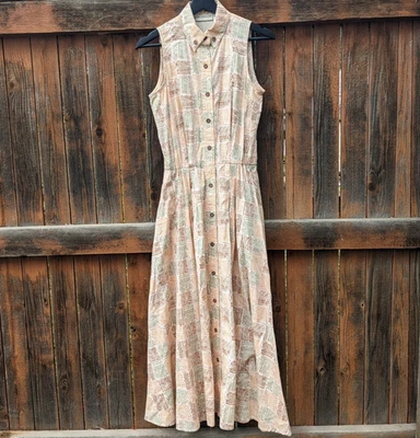 Vintage 90s Geometric Button Up Dress Liz Claiborne Sleeveless Maxi Shirtdress 4 - Image 1 of 4