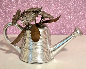 Vintage Chrome Pewter Metal Flower Watering Can Decor 5" x 3.25" - Picture 1 of 6