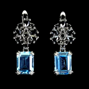 925 Sterling Silver Earrings Octagon Swiss Blue Topaz Spinel Gemstone Jewelry - Picture 1 of 14