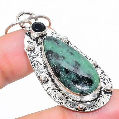 Ruby Zosite, Gemma Di Spinello Nero, Pendente In Argento Sterling 925 2.36" - Immagine 1 di 4