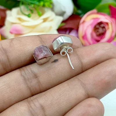 Turmalina rosa natural piedra preciosa áspera 925 plata esterlina perno joyería hecha a mano Foto 1 de 4