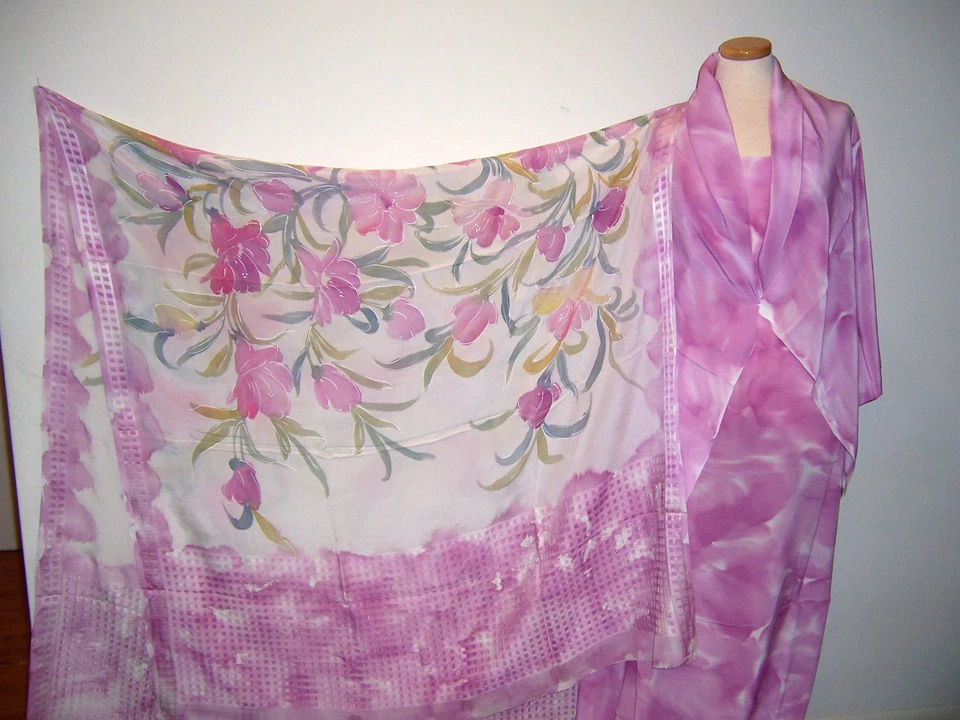 7.7yds DESIGNER COORDINATE FABRICS HANDPAINTED SILK + FLORAL SCARF WHT PINK GRN - Image 1 of 1
