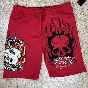 Ed Hardy Retro Graphic Fleece Sweat Shorts Skull Cobra Tattoo Sz XL Red Hemmed - Picture 1 of 10