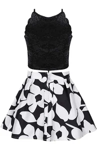 BCX Masy’s Girls 2-Pc Scalloped Top & Floral-Print Skirt Set Sz 14 Black White - Picture 1 of 14