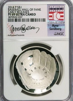 2014-P $1 Baseball Hall of Fame Ryne Sandberg NGC (Proof)PF-69UC  Early Releases - Image 1 of 2