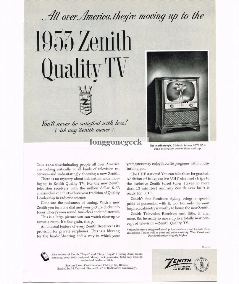 1953 Zenith Marlborough Cabinet television TV Vintage Print Ad  - Image 1 of 1