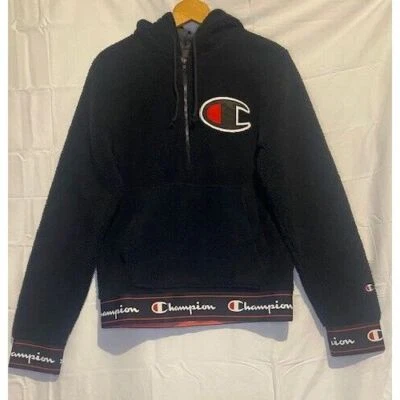 CHAMPION Fleece Sherpa Hoodie SMALL Black BIG C-PATCH Pullover Elastic Bottom - Image 1 of 4