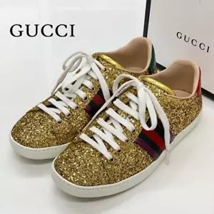 GUCCI Ace Leder Sneaker Gr. 36 Gold Glitzer Low Cut Schnürung Web Boxed - Bild 1 von 24