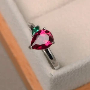Pink Ruby Two Stone Ring Lab Created Gemstone 925 Sterling Silver Women Ring - Picture 1 of 5
