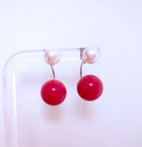 Pendiente redondo de coral rojo perla de doble cuenta rosa con perla con perla francesa - Imagen 1 de 13