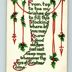 Antique Christmas Postcard Shape Poem Stocking Holly Ribbon C-200 Embossed - Picture 1 of 3