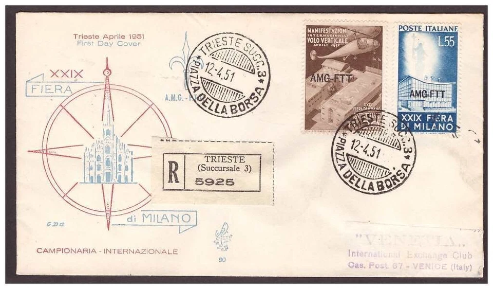 Trieste A - FDC Venetia Club 1951 - Fiera Di Milano Viaggiata Racc - Image 1 of 1