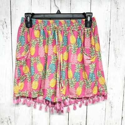 Simply Southern Shorts Women S/M Pink Pinneapple Pattern Elastic Waist Tassels - Image 1 of 4