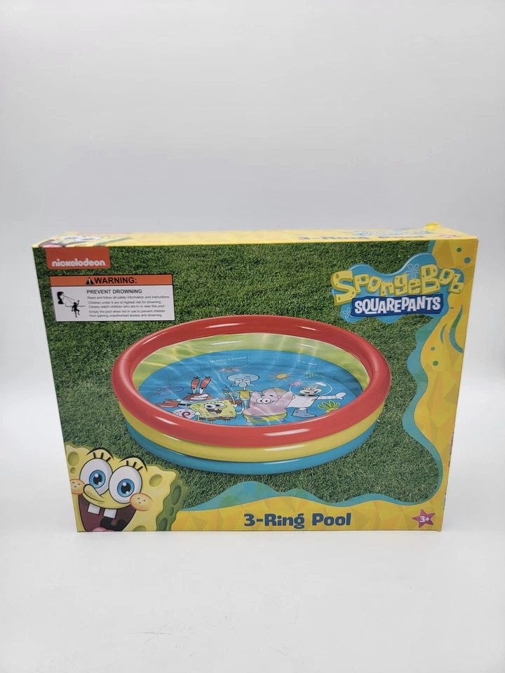 NUEVO Bob Esponja Pantalones Cuadrados 3 Anillos Inflable Piscina Infantil 45" Ancho Nickelodeon Foto 1 de 4