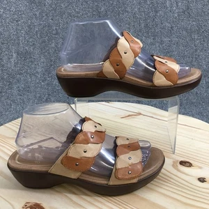 Dansko Sandals Womens 38 Slide Brown Leather Two Strap Open Toe Wedge Heels - Picture 1 of 18