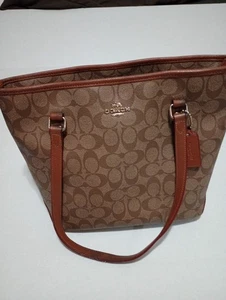 Coach Brown Tan Signature Coated Canvas Zip Top Tote Shoulder Bag F34603 - Picture 1 of 19
