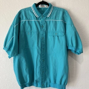 Vintage Mens Banded Bottom Button Front Shirt Size XL Aqua Blue Short Sleeve - Picture 1 of 8