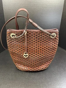 Brighton Leather Bucket Bag Brown and Black Weave Handbag Purse VTG - Picture 1 of 12