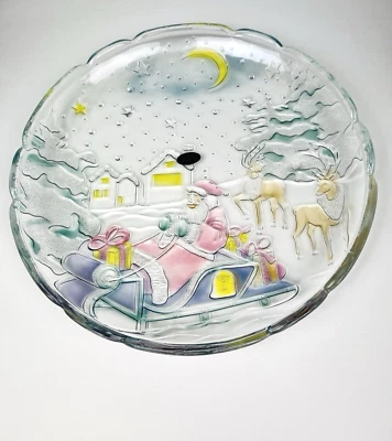 Винтажные сани колокольчики кристально прозрачное студийное стекло рождественское блюдо сервиз 14 дюймов - Изображение 1 из 4