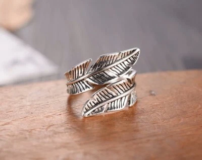 Anillo de plata de ley 925, anillo envolvente de plumas, anillo ajustable para el pulgar, boho, Foto 1 de 4