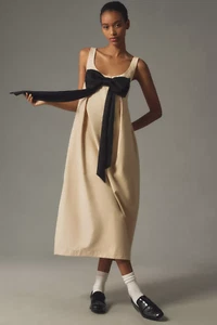 NWT ANTHROPOLOGIE MAEVE BOW FRONT BARREL COLUMN MIDI DRESS NEUTRAL SAND L - Picture 1 of 9