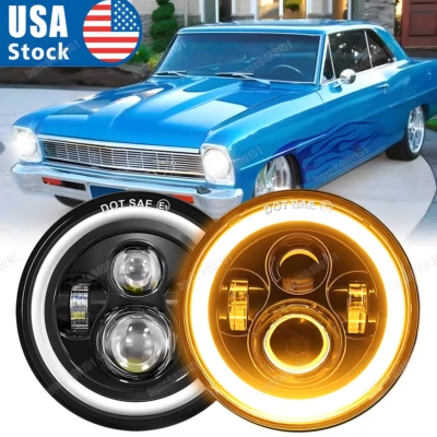 For Plymouth Duster 340 1970-1975 Halo 7" inch Round LED Headlights Hi/Lo DRL - Image 1 of 4