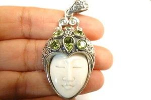 Goddess Face Close Eye Green Peridot 925 Sterling Silver Pendant - Picture 1 of 5