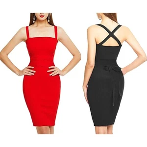 Women's Body Wrap Spaghetti Strap Knee Length Bodycon Ribbed Sexy Bandage Dress - Picture 1 of 13