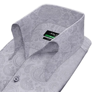 Hoher offener Button Down Kragen knopflos grau Jacquard Paisley Herren Hochzeit Hemd - Bild 1 von 11