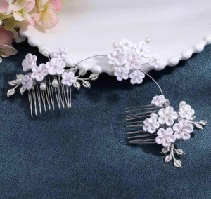 Pieza de pelo de novia, cabezal de velo accesorio hojas de plata flores boda novia - Imagen 1 de 6