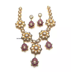 Uncut Polki & Pflastern Diamant 925 Sterlingsilber Smaragd, Rosa Emaille Kette - Bild 1 von 7