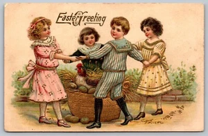 Antique Easter Postcard Children Dancing Around Chicken Eggs Gold Gild Emboss J6 - Picture 1 of 3